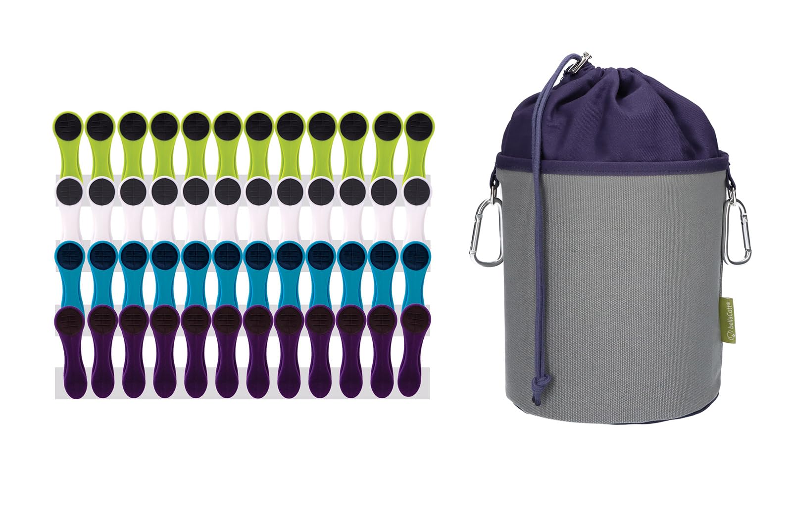 bellaCott 48 Clothes Pegs with Spiral Spring Soft Grip Blue Green White Purple Anthracite and 1 bellaCott Clothes Peg Bag Made of Canvas Grey