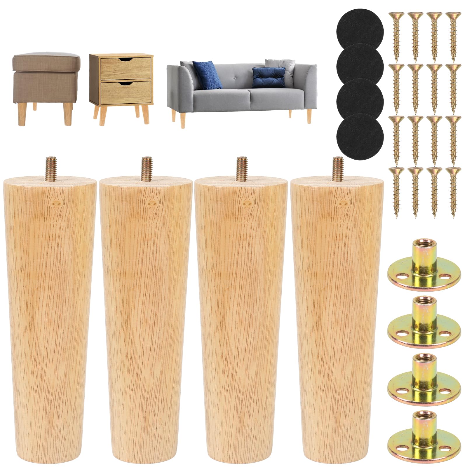 Luabue 4 Pack Wooden Furniture Legs 18cm Chair Legs Sofa Feet, Solid Rubber Wood Cabinet Leg 7 inch Bed Legs Screw In Straight Cone Coffee Table Leg with Mounting Plates & Non-Slip Felt Pads & Screws