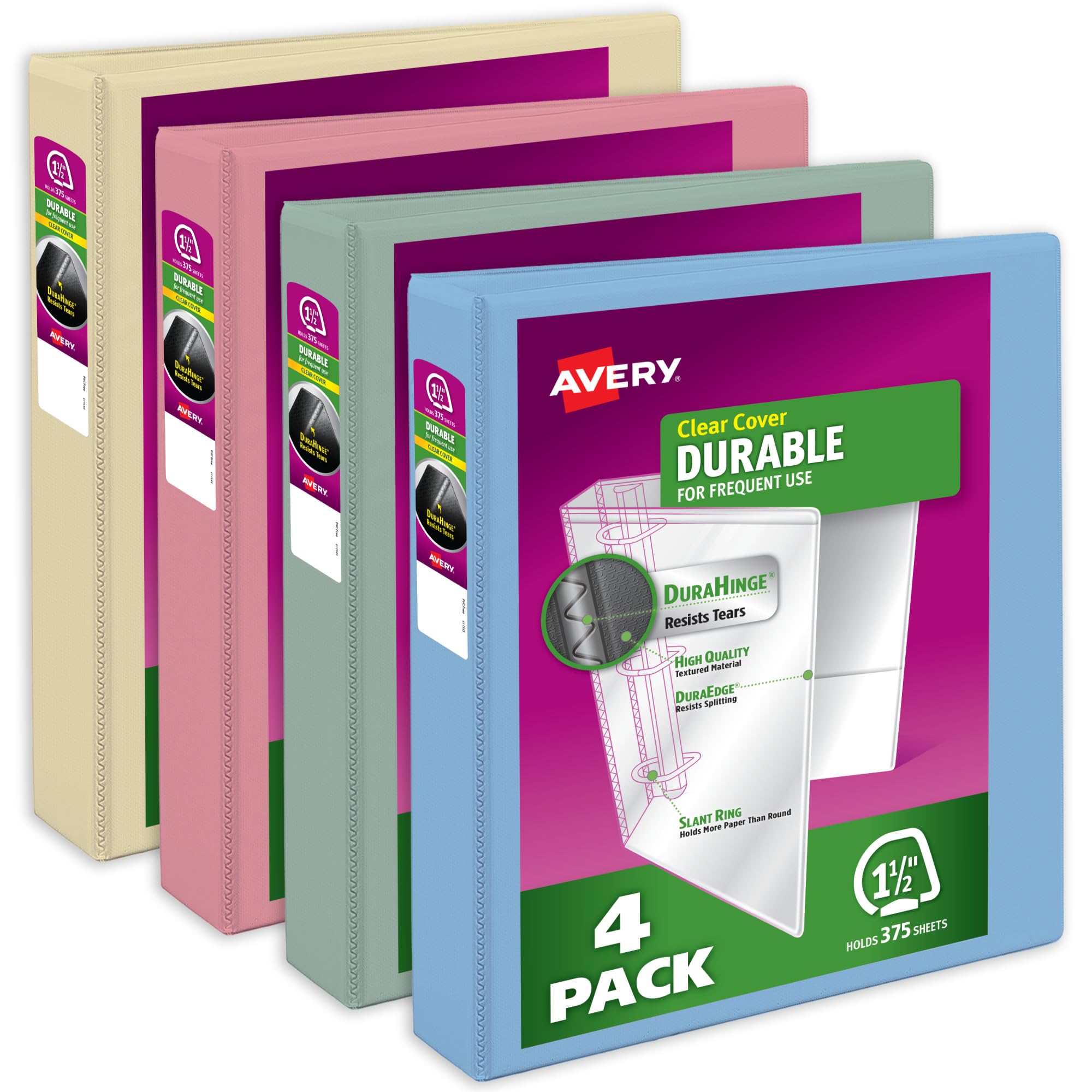 Photo 1 of Avery Durable View 3 Ring Binders, 1.5 Inch Slant Rings, 375-Sheet Capacity, Assorted Pastel Colors, 4-Pack (05634) – for School, Office, Teachers, Classrooms & Home Organization