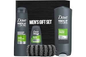PARTYPOM Men+Care Father's Day Gift Set, 4 Piece Set Includes Dove Men Body Wash Extra Fresh, Dove Extra Fresh Deodorant, Dove Fresh and Clean Shampoo with a Gym Towel, In Gift Box