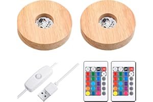 MUDDER 2 Pcs Light LED Base Wood LED Display Base for Glass Art Crystal Acrylic Resin, 16 Colored USB Light with Remote Wooden Round Lamp Stand Christmas Decor for 3D Crystal Ball Room Home Decor(Wood Color)