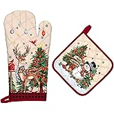 Arquiel Christmas Deer Snowman Oven Mitts and Pot Holders Sets 2Pcs, 100% Cotton Heat Resistant, Extra Long Oven Gloves Potholder for Kitchen Cooking Baking Decoration