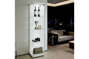 QIHAI Glass Display Cabinet with LED Lights and Lock, 4-Shelf Curio Cabinets with Door, Tempered Glass Collection Display Sho