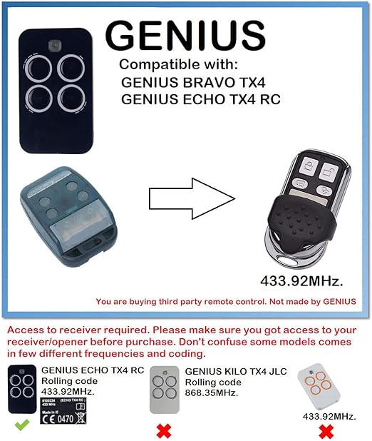 Genius Bravo TX4, Echo TX4 RC compatible remote control 433.92 MHz