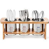 Lyellfe Silverware Holder for Countertop, Stainless Steel Cutlery Utensil Organizer with Bamboo Stand, Rustic Flatware Holder