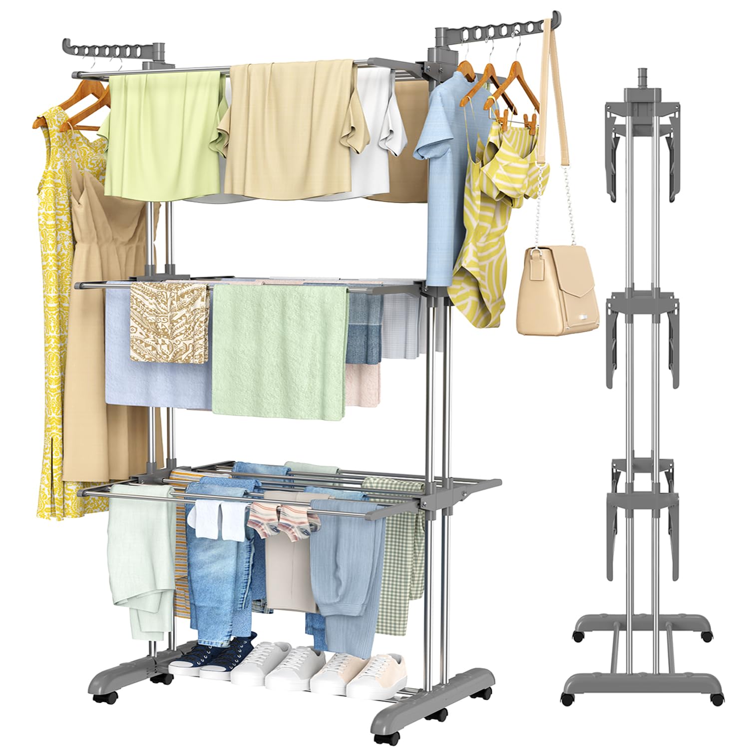 Innotic Clothes Drying Rack, Large Clothes Horses Rack,4 Tier Foldable Rolling Stainless Laundry Dryer Hanger with Casters for Indoor Outdoor, Grey