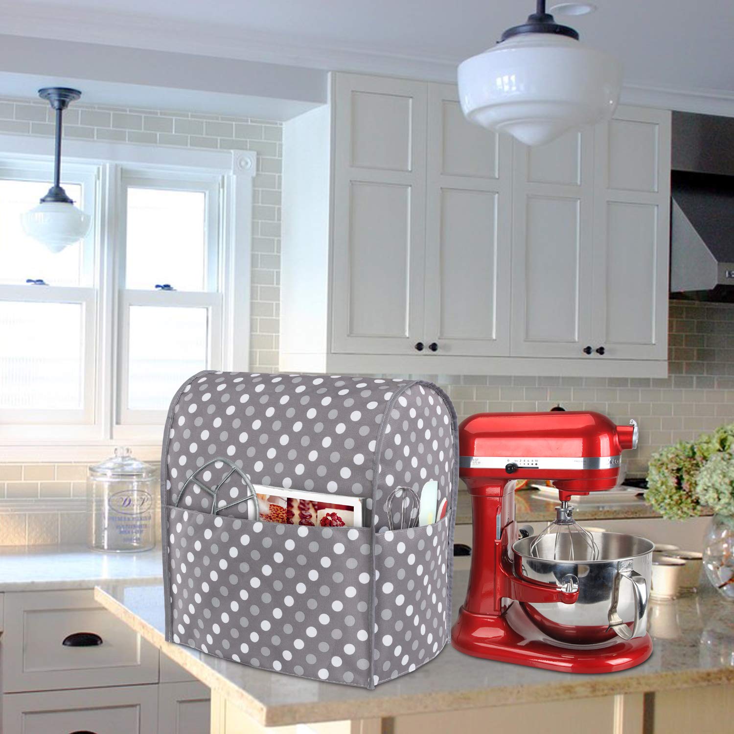 Luxja Dust Cover for 6-8 Quart Stand Mixer, Cloth Cover with Pockets for Accessories, Gray Dots