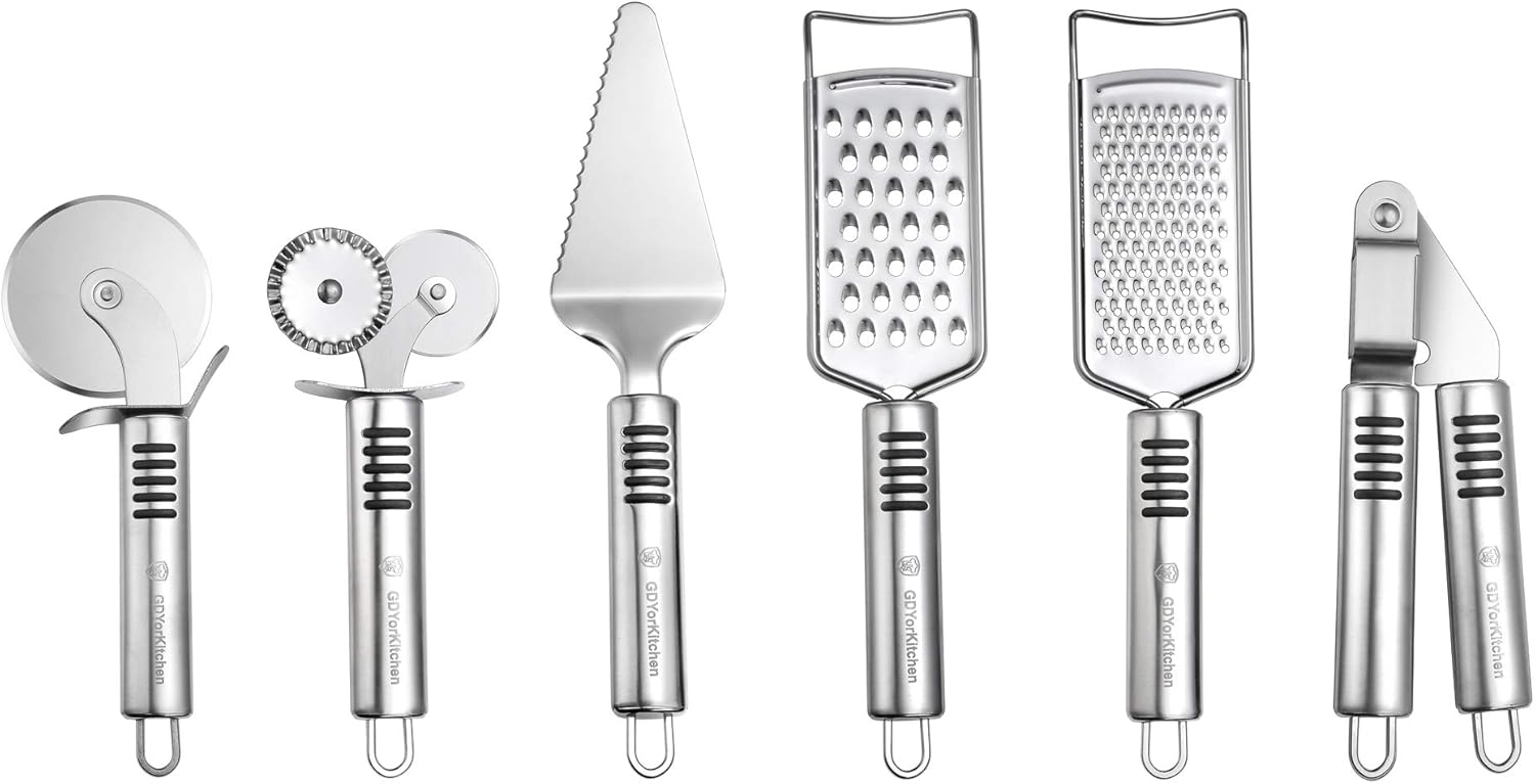 Stainless Steel Pizza Cutter Set & Kitchen Gadget Set (6 PCS Set) - Includes Pizza Cutter Wheel, Chocolate & Cheese Grater, Serrated Pie & Cake Server, Garlic Press, Free Brush and Bonus Oven Mitt: Kitchen & Dining