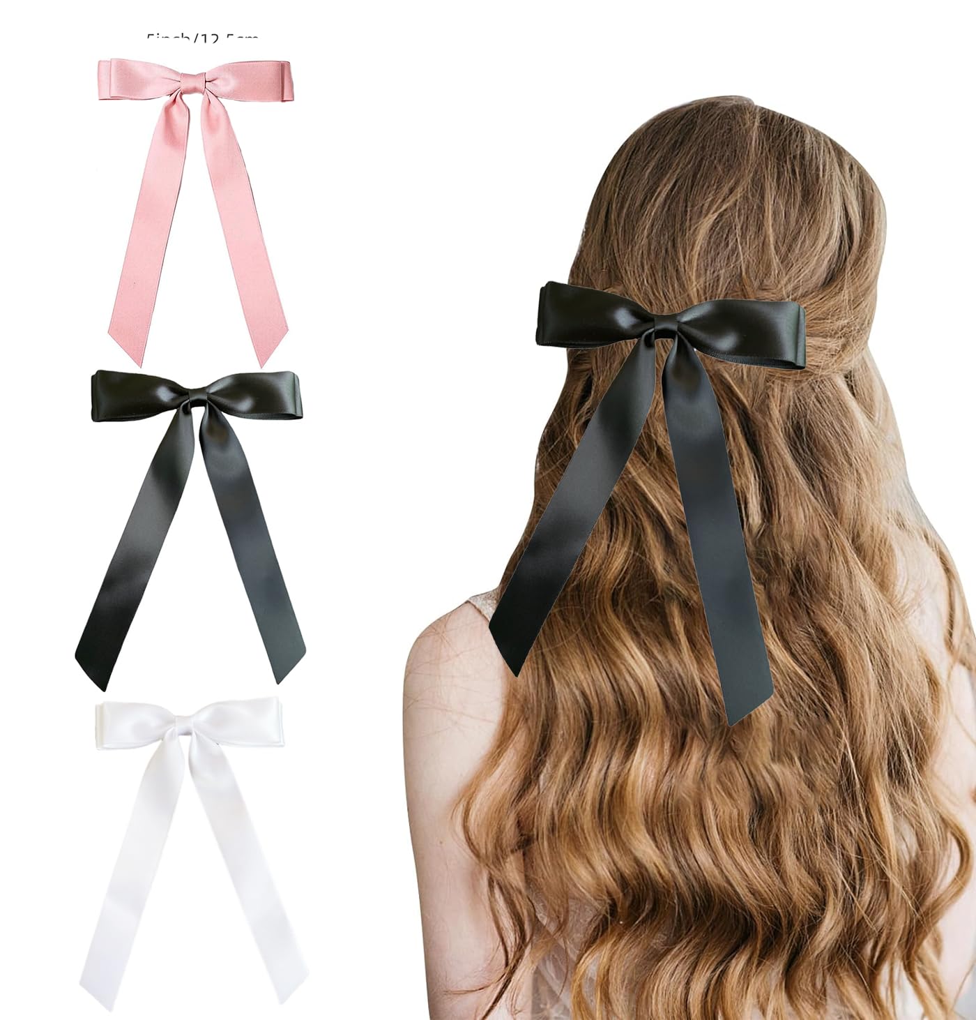 Bow Hair Clips GWAWG 3 Pack Hair Bows, Barrettes Solid Color, Hair Ribbons with Long Silky Satin Silky, Hair Bows for Women Girls for Women Girls(Black, White, and Pink)
