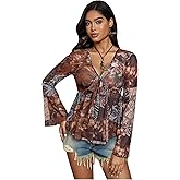 BEAUDRM Women's Boho Peplum Top Bow Tie Knot V Neck Bell Sleeve Concert Tops Ruffle Mesh See Through Hippie Shirt