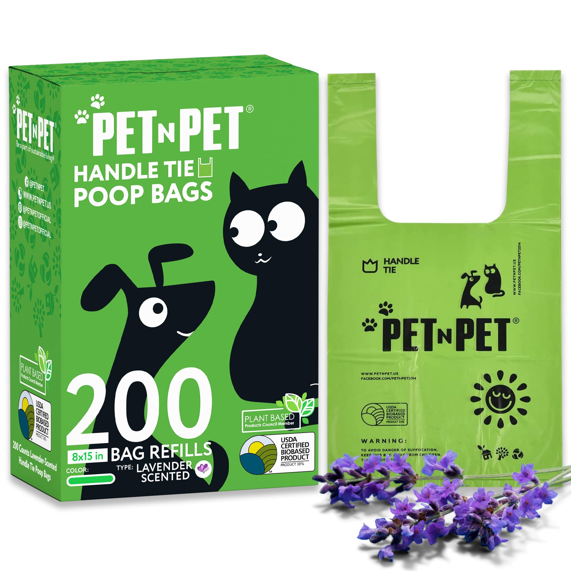 Photo 1 of Pet N Pet 200 Counts Lavender Scented Dog Poop Bags Rolls with Tie Handles, 38% Plant Based & 62% PE Poop Bags for Dogs, Extra-Thick Doggie Poo Bag, Pet Waste Bag