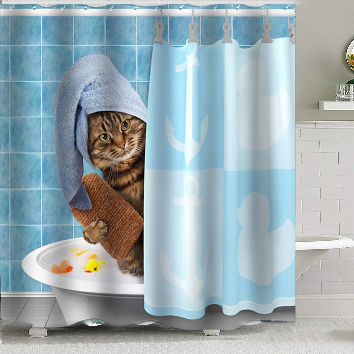 CIUJOY Funny Cat Shower Curtain, Anti-Mould Waterproof Polyester with 12 Hooks, for Bathtub and Shower in Bathroom 71" x 71"