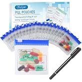 Serfeymi 32 Pcs Pill Pouches Bags for Travel 3 x 3 in 12 mil(Double Sided) | Pill Organizer Reusable Plastic Bags Translucent Zippered Medicine Bags with Slide Lock &amp; Writable Label，1 Pc Marker - Blue