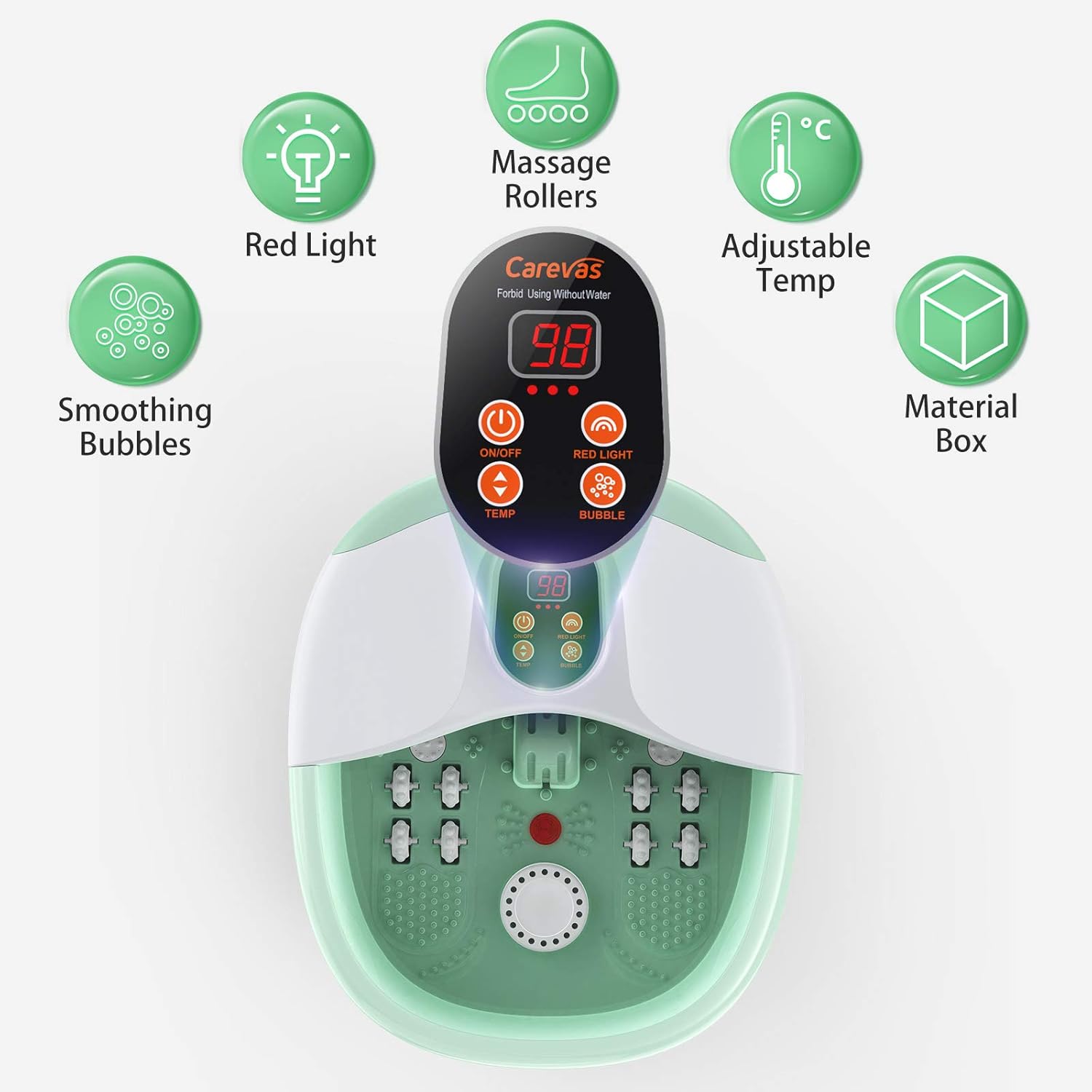 Carevas Foot Bath Massager, Heated Foot Soaker with O2 Bubbles, 14 Massaging Rollers for Tired Feet Stress Relief Home Use: Beauty