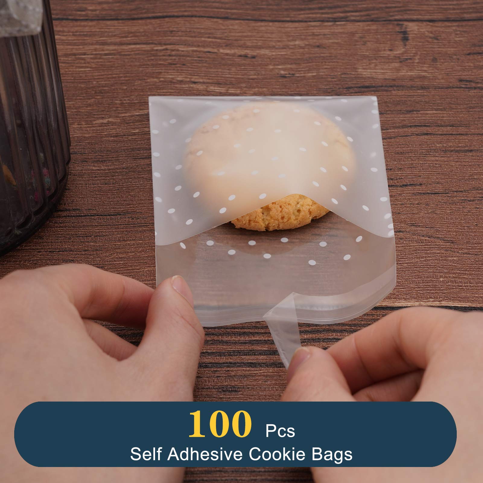 Self Adhesive Cookie Bags, White Polka Dot Individual Resealable Cellophane Treat Bags with Thank You Stickers for Gift Giving (3.9''x3.9'', 100 Pcs)