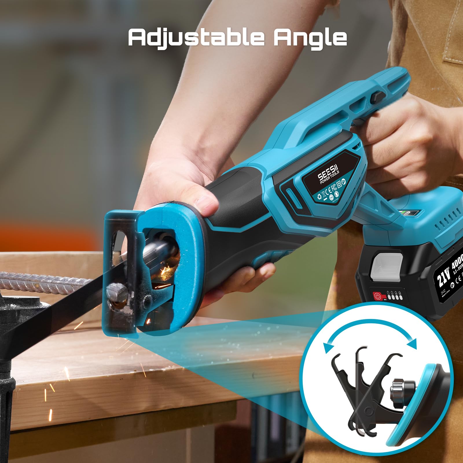 SEESII Akku Säbelsäge 21V, 3500 RPM Bürstenlosem Motor | 2x 4,0Ah Akkus & 8 Sägeblätter | Für Holz, Metall, PVC | Säbelsäge für Baustelle & Garten 7