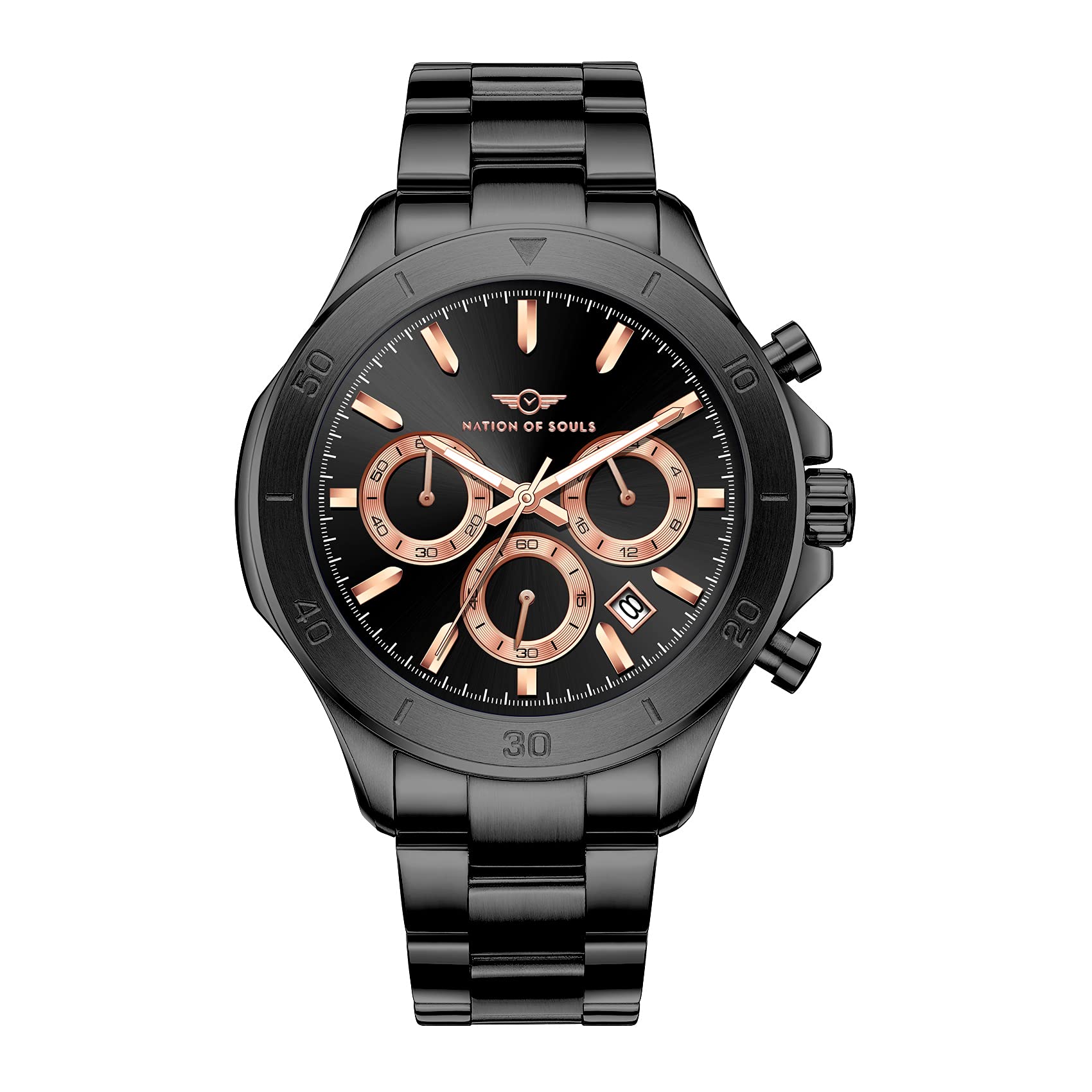 Nation of Souls Chronograph One Watch Collection Mens Black and Rose Gold 42mm Stainless Steel Case and 20mm Link Bracelet British Designed Mans Watches