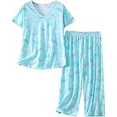 CHUNG Women Cotton Pajama Sets Sleepwear pjs Short Sleeve Shirt Capri Length Crop Pants Cute Vivid Print