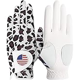 Amy Sport Womens Golf Glove with Ball Marker Rain Left Right Hand Leather Printed Pack, Ladies Golf Gloves All Weather Grip Breathable Soft Size Small Medium Large XL