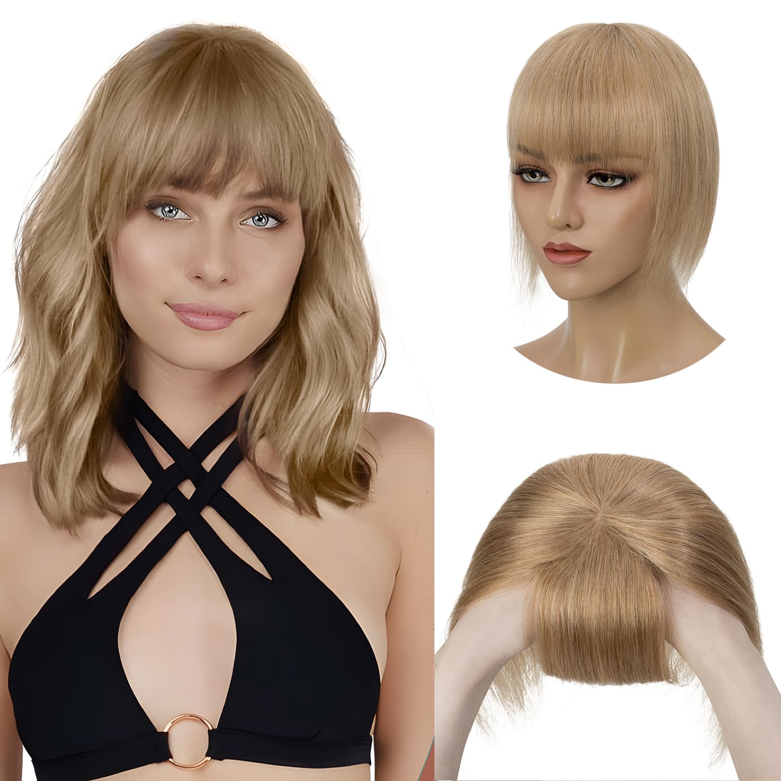 Elailite Hair Toppers with Bangs for Thinning Hair Women uk Real Hair - Human Hair Extension Invisible Hairpiece Clip in (#27 Dark Blonde, 12 inch) — image 1