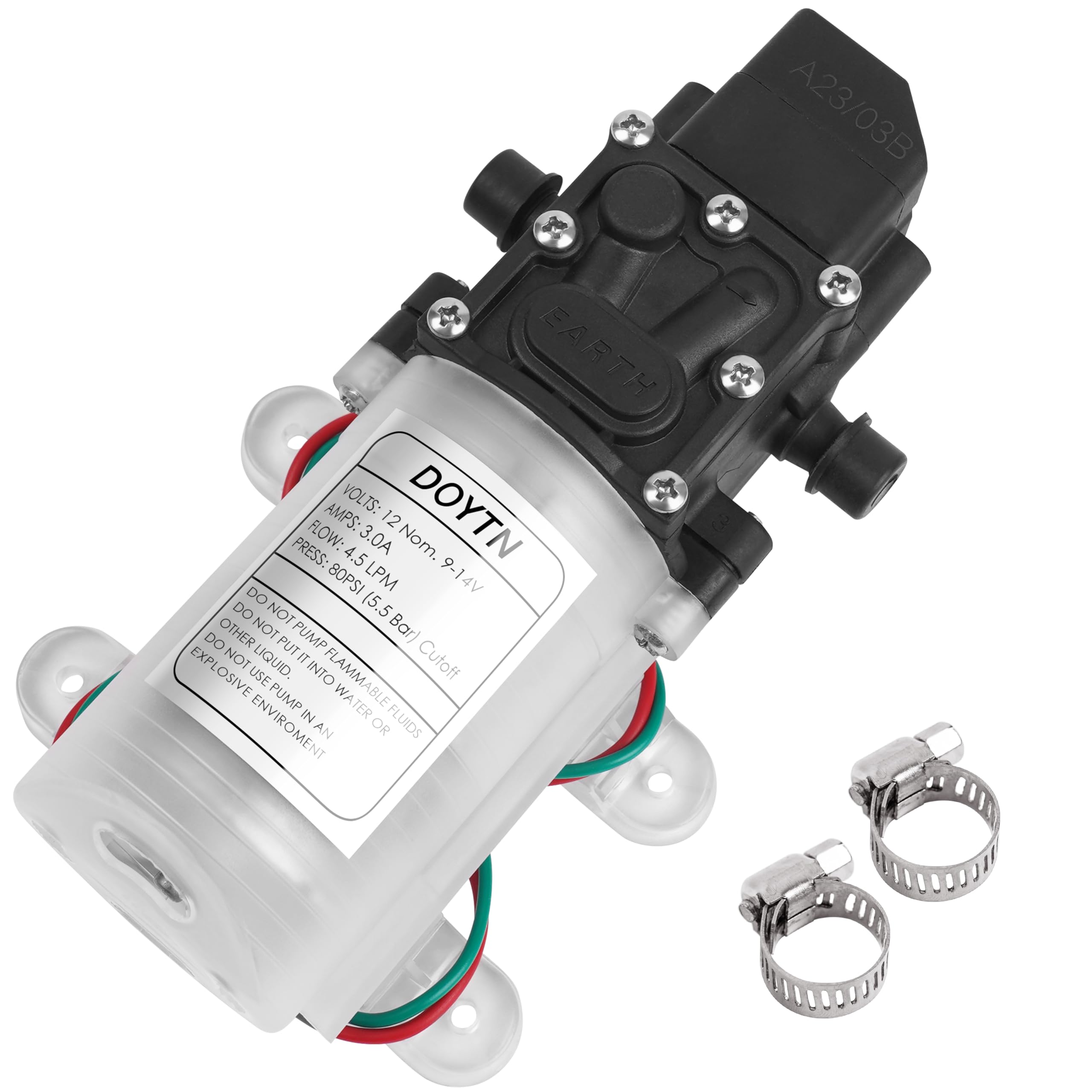 Photo 1 of 12V Diaphragm Water Pump with Pressure Switch – 1.2 GPM 80 PSI Self-Priming Sprayer with Hose Clamps – for RV, Camper, Marine, Boat – Transparent (1 Pack)