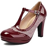 graceretro Women's Mary Jane Two Tones 1920s Pump HeelsWingtip Classic and Retro Oxford Pattern Vintage Round Closed Toe 1950s Ankle Strap Dress Shoes