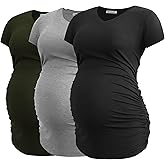 Smallshow Women's V Neck Maternity Clothes Tops Side Ruched Pregnancy T Shirt
