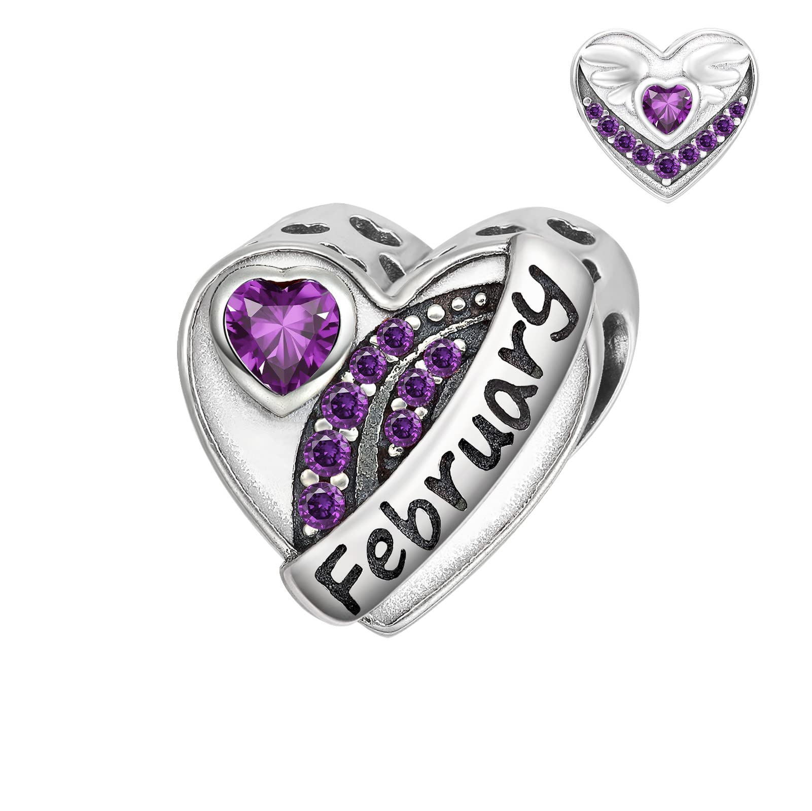 Qings February Birthstone Charms for Bracelet Sterling Silver 925 Love Heart Amethyst Birth Stone Angle Wing Cubic Zirconia Bead Charm Fit for Bracelets Necklace Jewellery Gifts for Women Girls