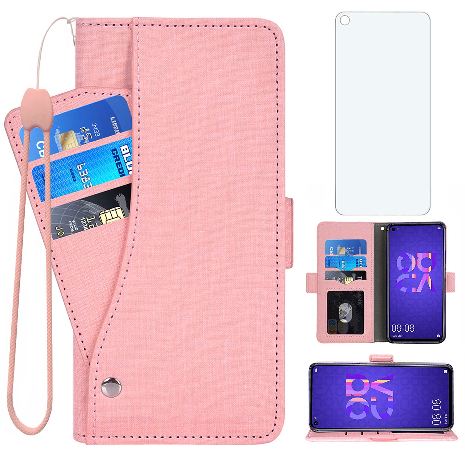 Asuwish Compatible with Huawei Nova 5T Wallet Case Tempered Glass Screen Protector and Leather Flip Cover Card Holder Stand Cell Accessories Phone Cases for Hawaii Hwauei T5 5 T Nova5T Women Men Pink — image 1