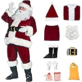 Santa Claus Costume for Men 9pcs Deluxe Velvet Santa Suit Adults Christmas Santa Outfit with Beard Belt Santa Costume