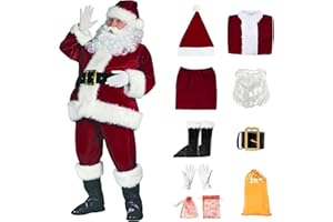 FANME Santa Claus Costume for Men 9pcs Deluxe Velvet Santa Suit Adults Christmas Santa Outfit with Beard Belt Santa Costume