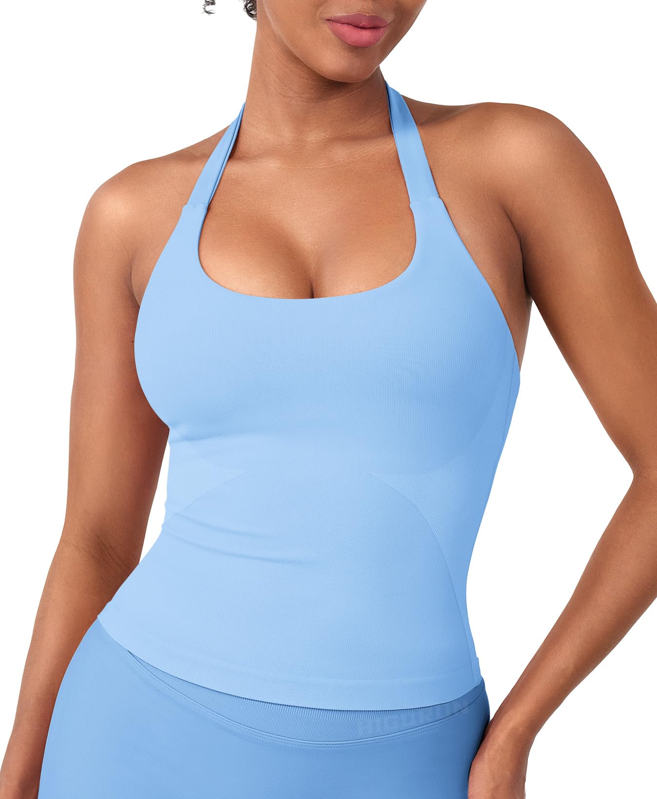 Photo 1 of HIGORUN Halter Impact Tank Tops for Women Y2K Workout Longline Crop Tops with Built in Bras Open Back Going Out Gym Top Blue