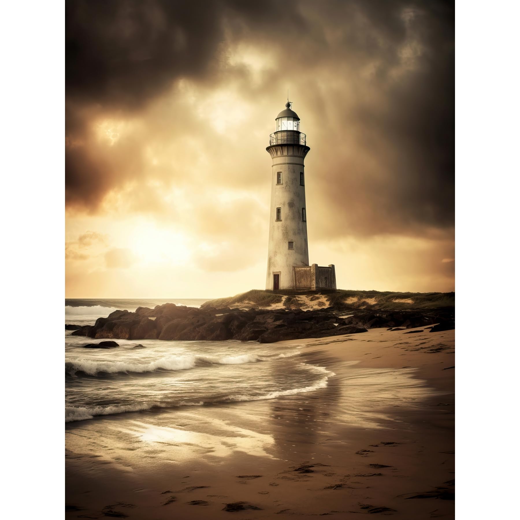 Artery8 Atmospheric Lighthouse Photo Beach Sepia Photograph Atmospheric Sunset Seascape Extra Large XL Wall Art Poster Print