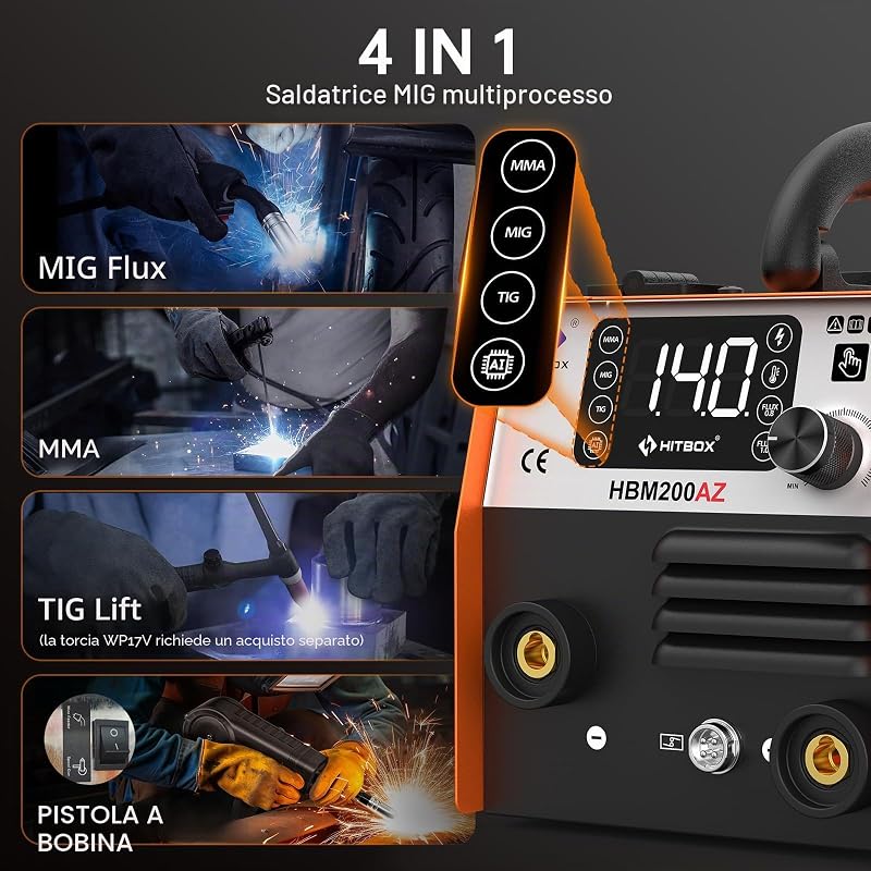 Saldatrice MIG 4 in 1 HITBOX 140A Inverter IGBT Gas/Senza gas ARC Lift-TIG