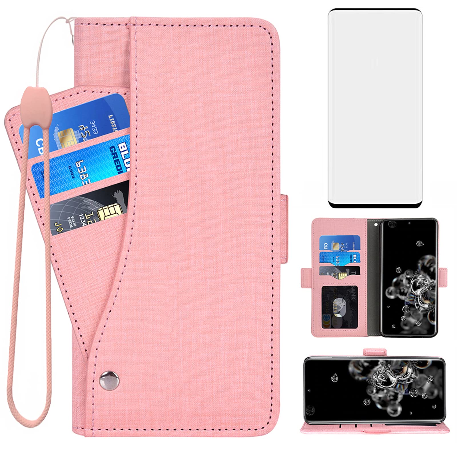 Asuwish Compatible with Samsung Galaxy S20 Ultra Glaxay S20ultra 5G Wallet Case Tempered Glass Screen Protector and Flip Cover Card Holder Cell Phone Cases for Gaxaly 20S S 20 A20 20ultra G5 Men Pink