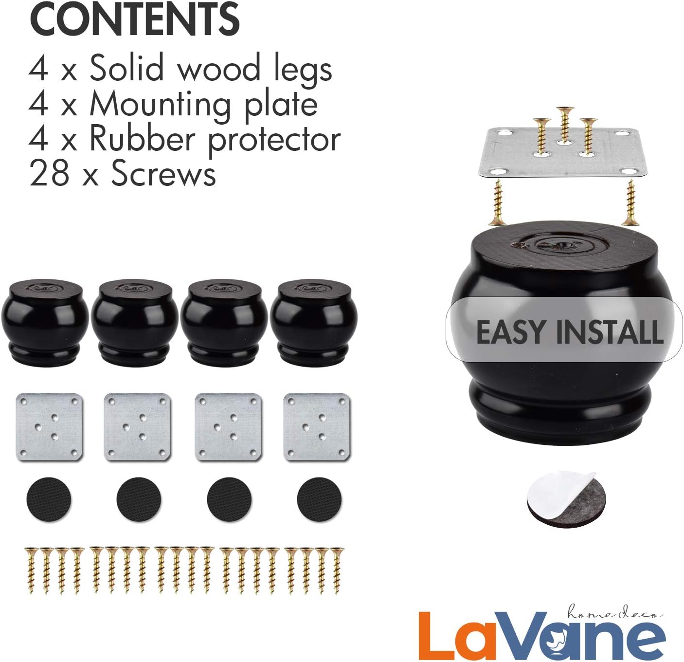 la vane 4pcs black soild wood spindle m8 replacement bun feet with pre drilled 5 16 inch bolt mounting plate screws for sofa ottoman cabinet dresser 10cm wooden furniture legs 4 inch