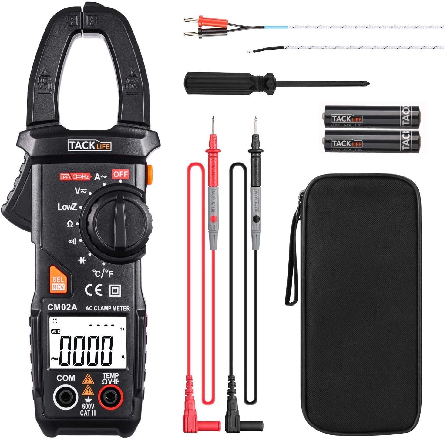 Clamp Meter, Digital Multimeter 600 Amp TRMS 6000 Counts NCV with AC Current AC/DC Voltage Test Resistance Continuity Capacitance Temperature Measure Auto-Ranging - Tacklife CM02A