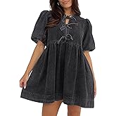 Qazel Vorrlon Denim Dress for Women Puff Short Sleeve Babydoll Jean Romper Pockets Summer Casual Blue Dresses 2025 Trendy