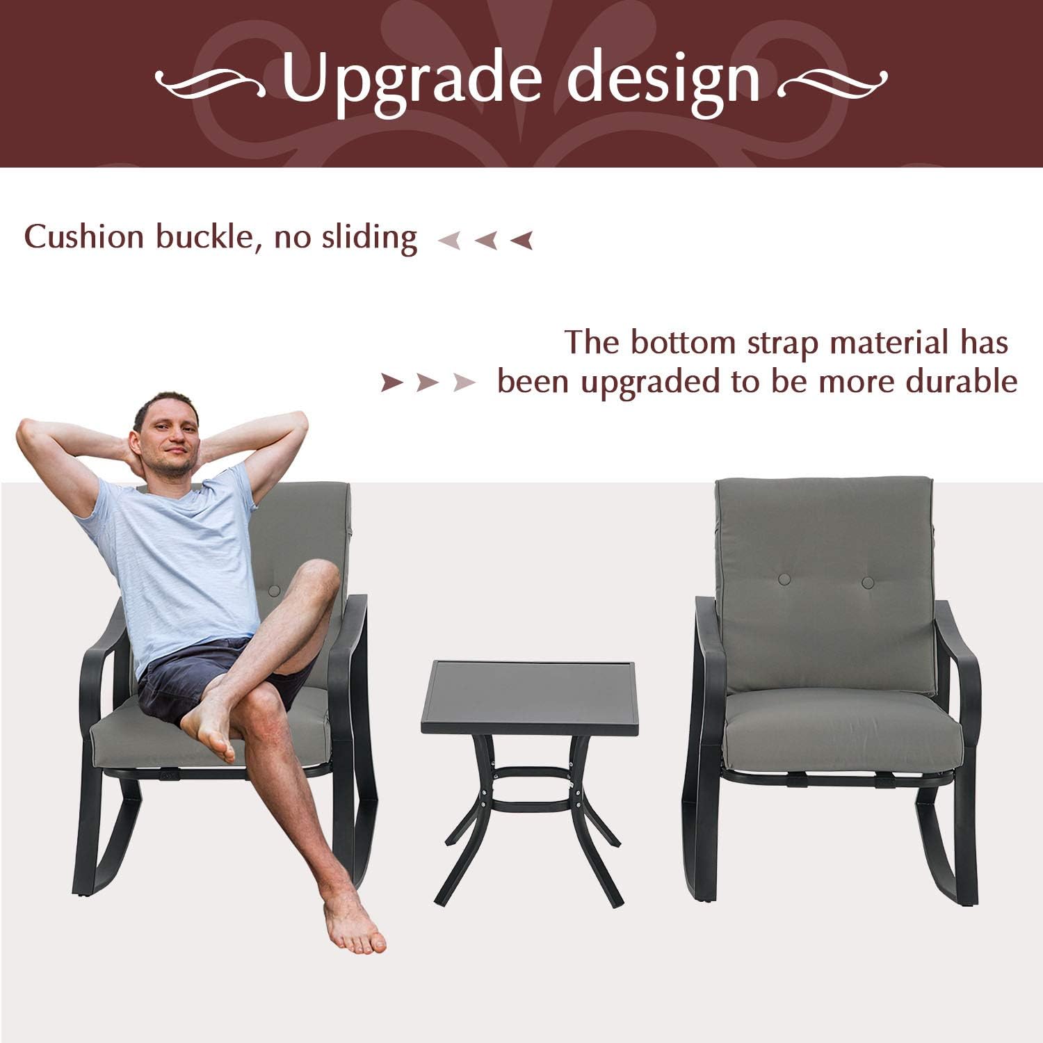 Bistro Sets Patio Lawn Garden Black Steel Patio Furniture With Brown Thickened Cushion And Glass Top Coffee Table Suncrown Outdoor 3 Piece Rocking Chairs Bistro Set