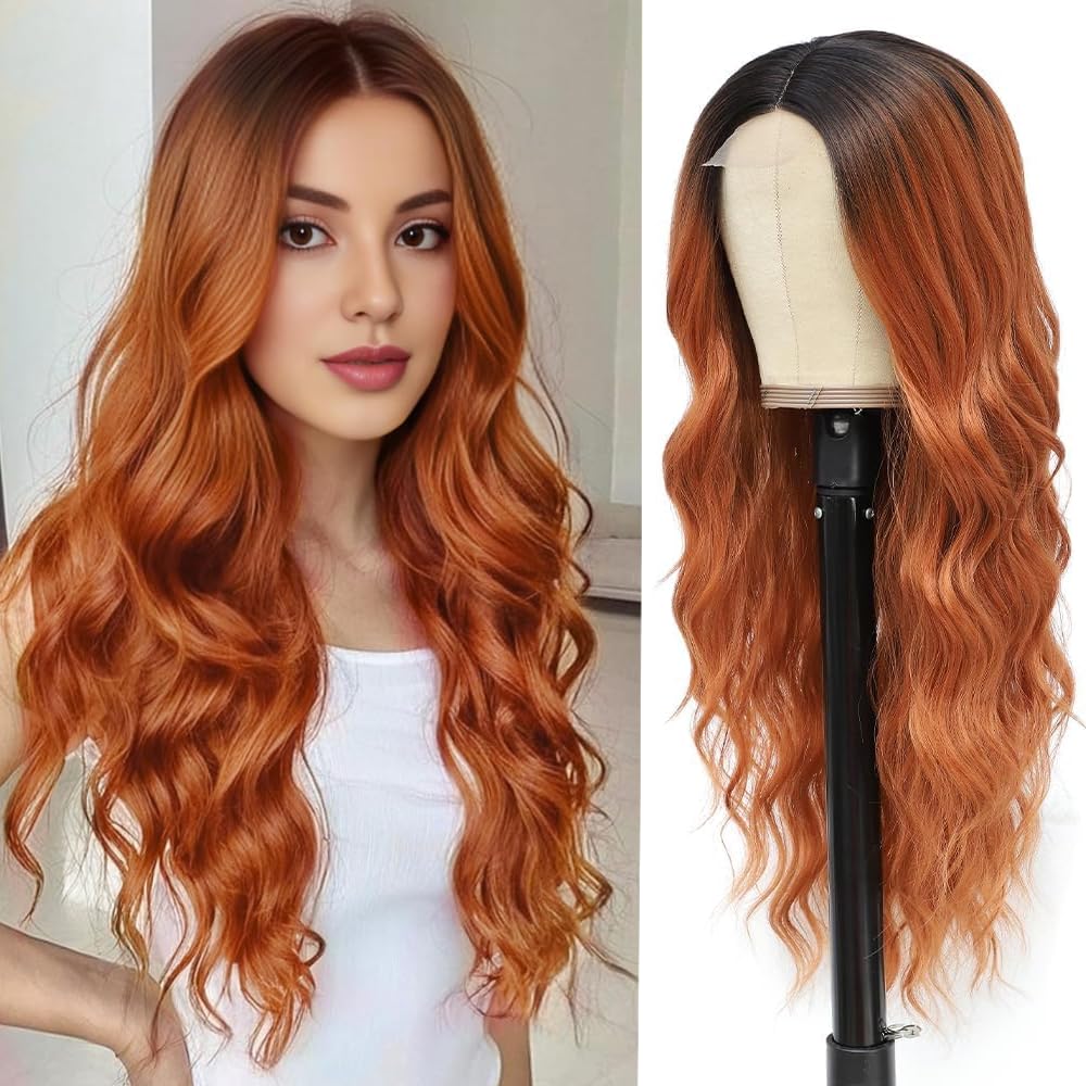 PORSMEER Long Ombre Copper Red Wavy Wig for Women 26 Inch Lace Middle Part Curly Wavy Wig Natural Looking Synthetic Heat Resistant Hair for Daily Party Use