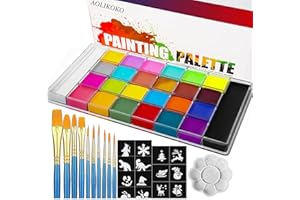 AOLIKOKO 26 Colors Face & Body Paint Palette Kit，Halloween Makeup Kit, face painting kit professional，with 10 Brushes+30 pcs Stickers，Ideal for Halloween Cosplay Party SFX Arty Stage Makeup(26-Colors)