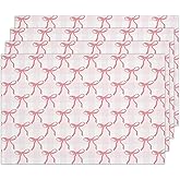 Pink Plaid Bow Placemats Set of 4, Washable Heat Resistant Placemats Kitchen Table Mats,12x18 Inch Place Mats for Home Restaurant Farmhouse, Indoor Outdoor Party Table Decoration -A05