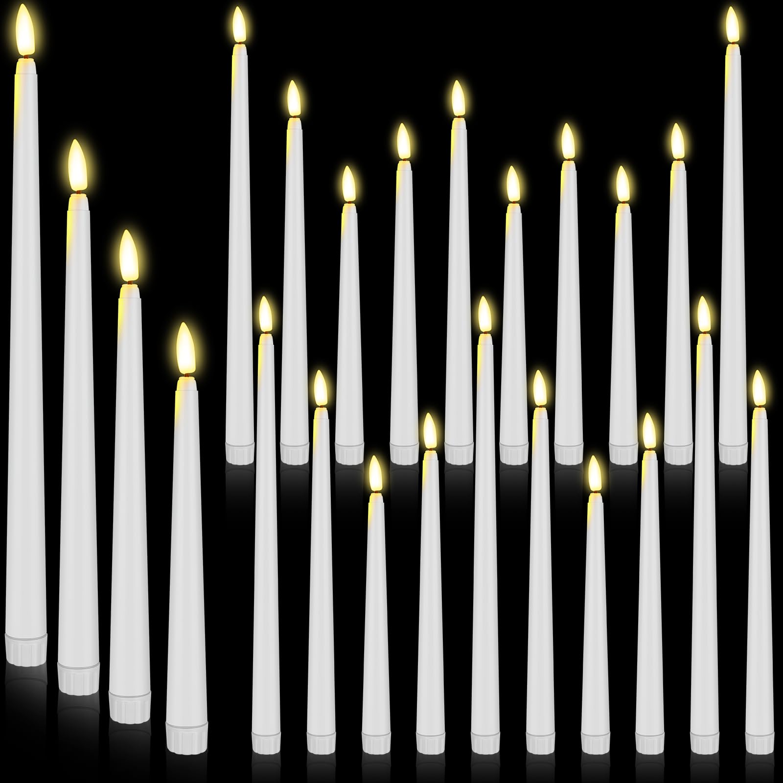 Photo 1 of Rossesay 24 Pcs Flameless LED Taper Candles Battery Operated Candles 8.5'', 9.65'', 10.83'', 12.8'' Flameless Candlesticks Flickering for Halloween Christmas Church Wedding(White)