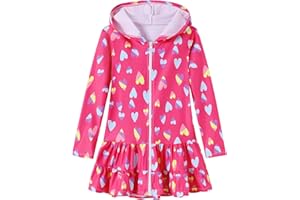 Ghteas Girls Swim Cover Up Dress Long Sleeve Hooded Zip Up Bathing Suit Cute Ruffle Coverup Kids Pool Beach Robe 4-10Y