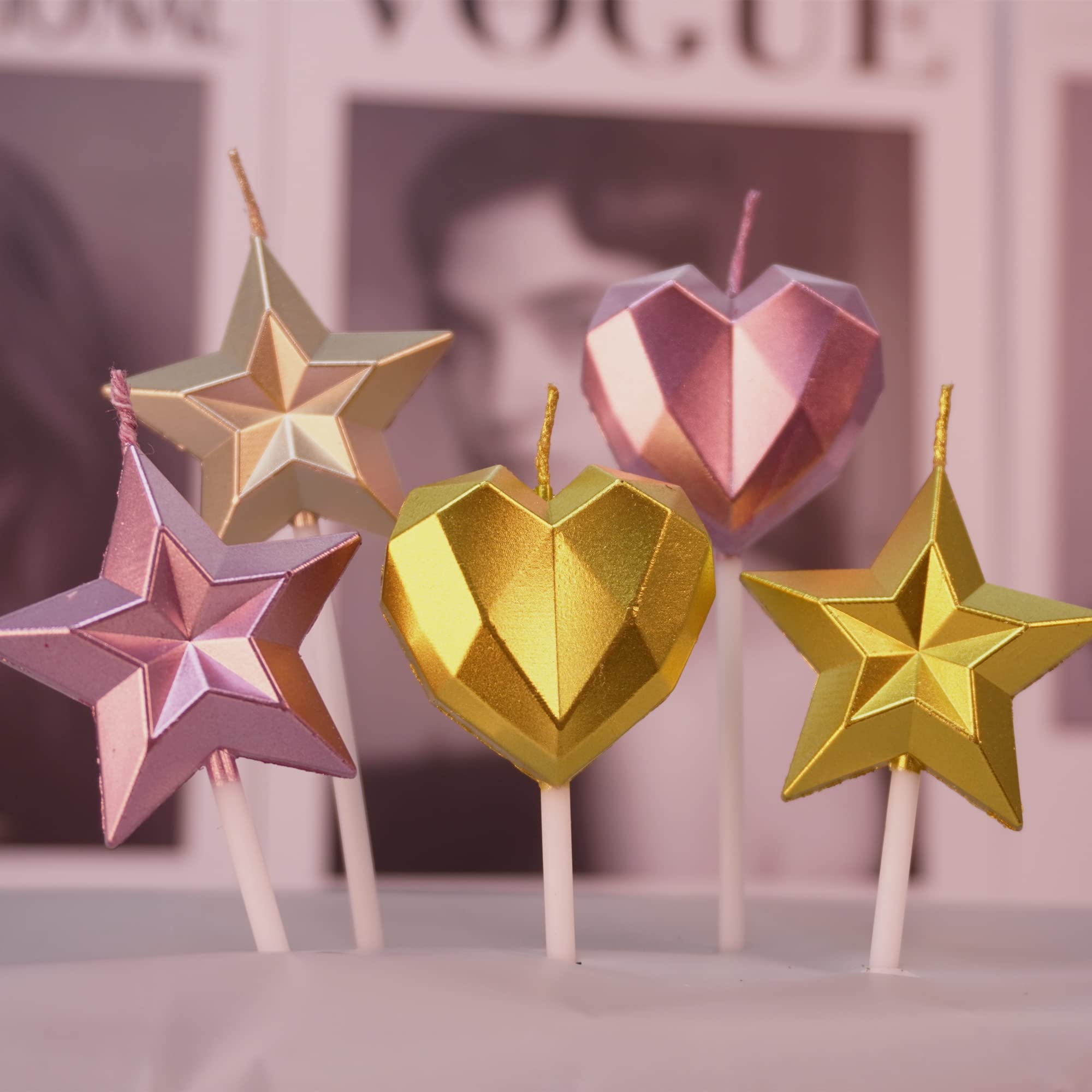Saododku Gold Birthday Candles,5 Pack Metallic Colors Geometric Heart-Shaped Cake Candles for Birthday Cakes