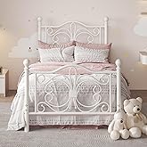 E-Motie Twin Size Metal Platform Bed with Butterfly Pattern Design Headboard and Footboard/Mattress Foundation/Under Bed Storage/No Box Spring Needed/Easy Assembly/Noise Free/White