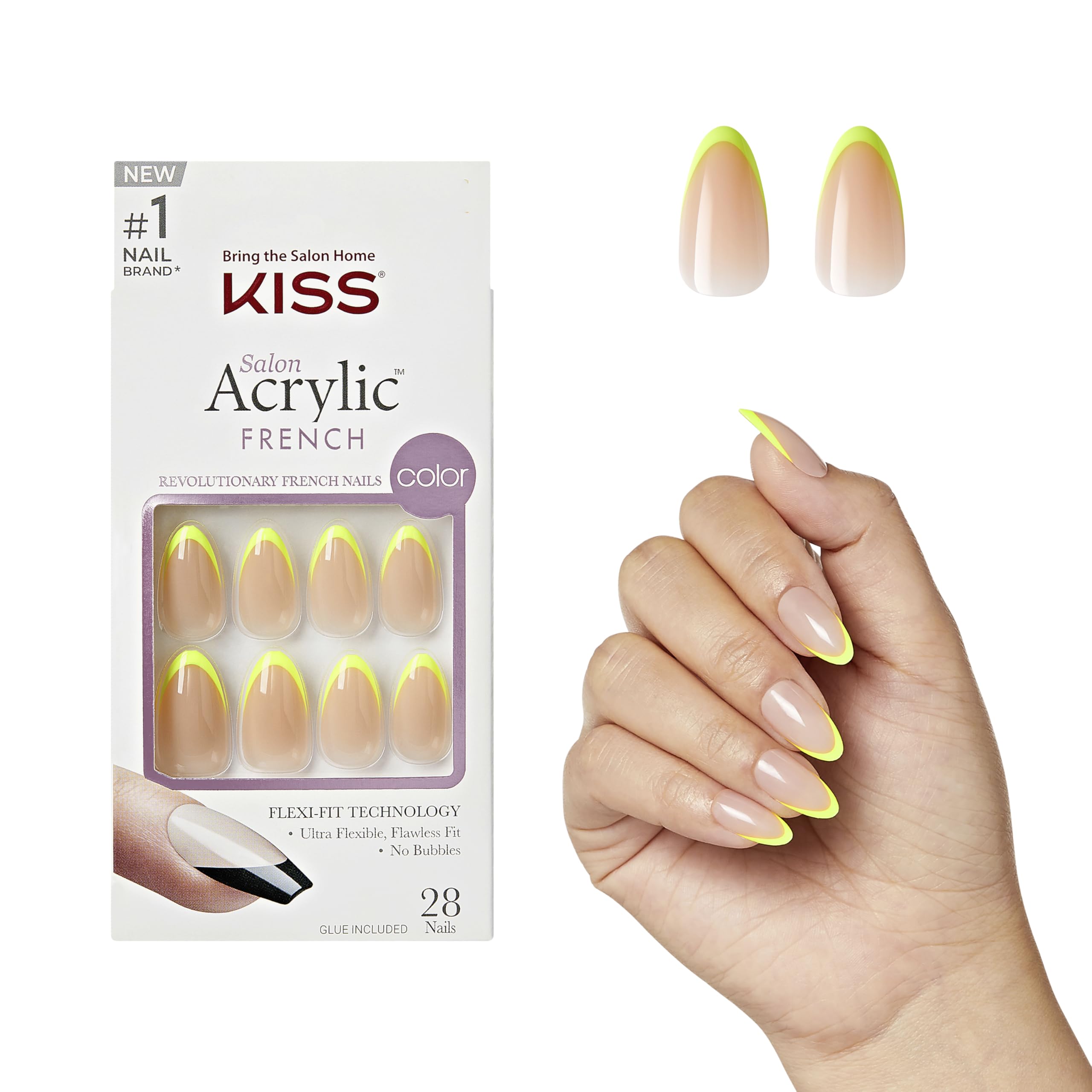 KISS Salon Acrylic French Color Press-On Nails, ‘Hype’, Neon Yellow, Medium Almond, 31 Ct.