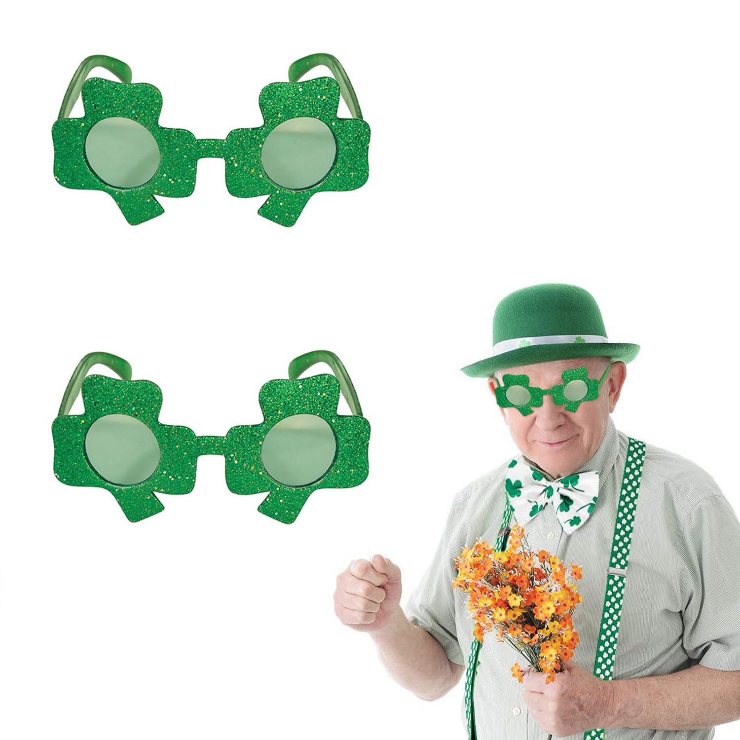 JNAWA 2pcs St. Patrick' s Day Shamrock Glasses Irish Green Clover Glasses Four Leaf Eyeglasses for Men Women Party Favors Supplies