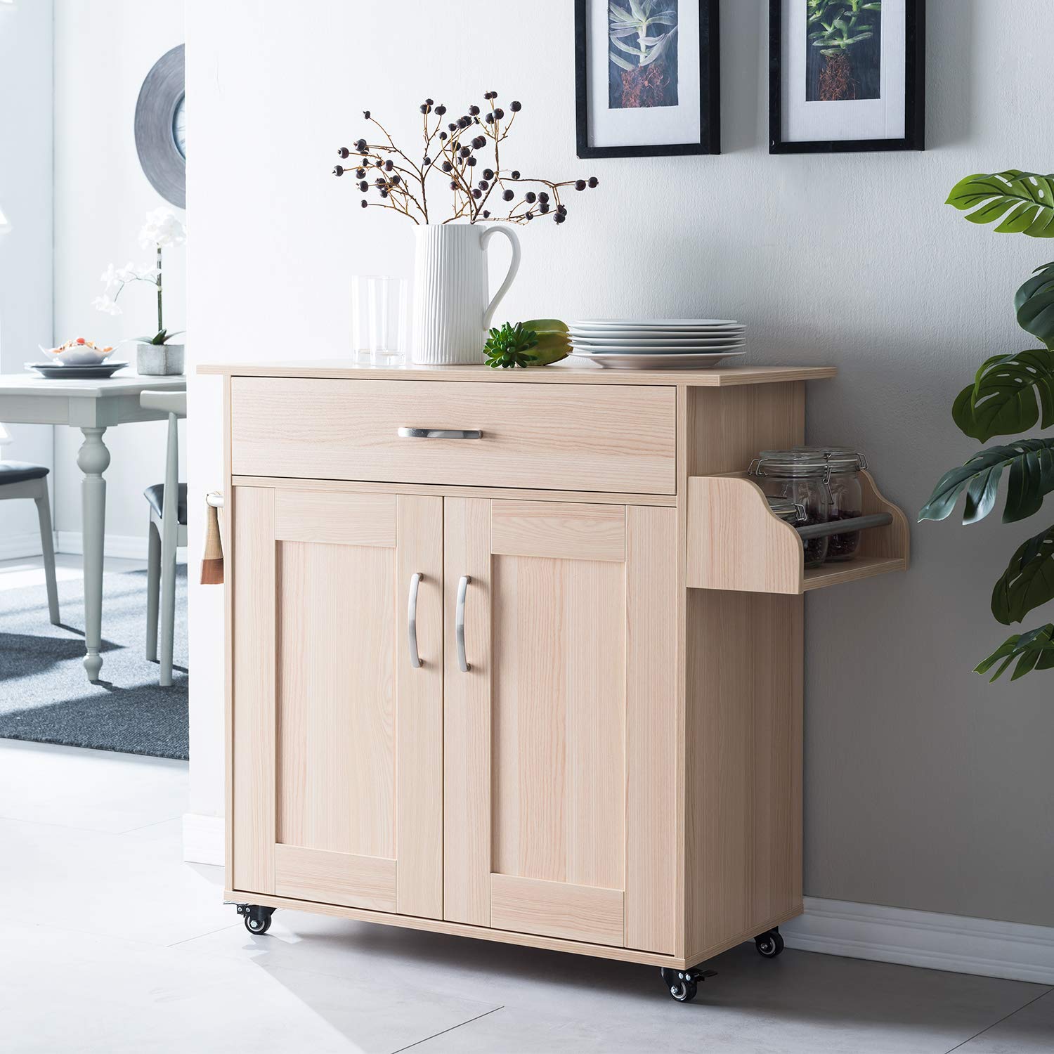 Cozy Castle Kitchen Island on Wheels Kitchen Cart Trolley with Storage, Drawers, Cabinet, Towel Rack
