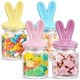 TOOYUMON Easter Decorations - 4 Pack Glass Candy Jars with Ceramic Bunny Ear Lids, Easter Bunny Table Decor for Chocolate Mini Eggs Sweets - 250ml Pastel Colored Jars